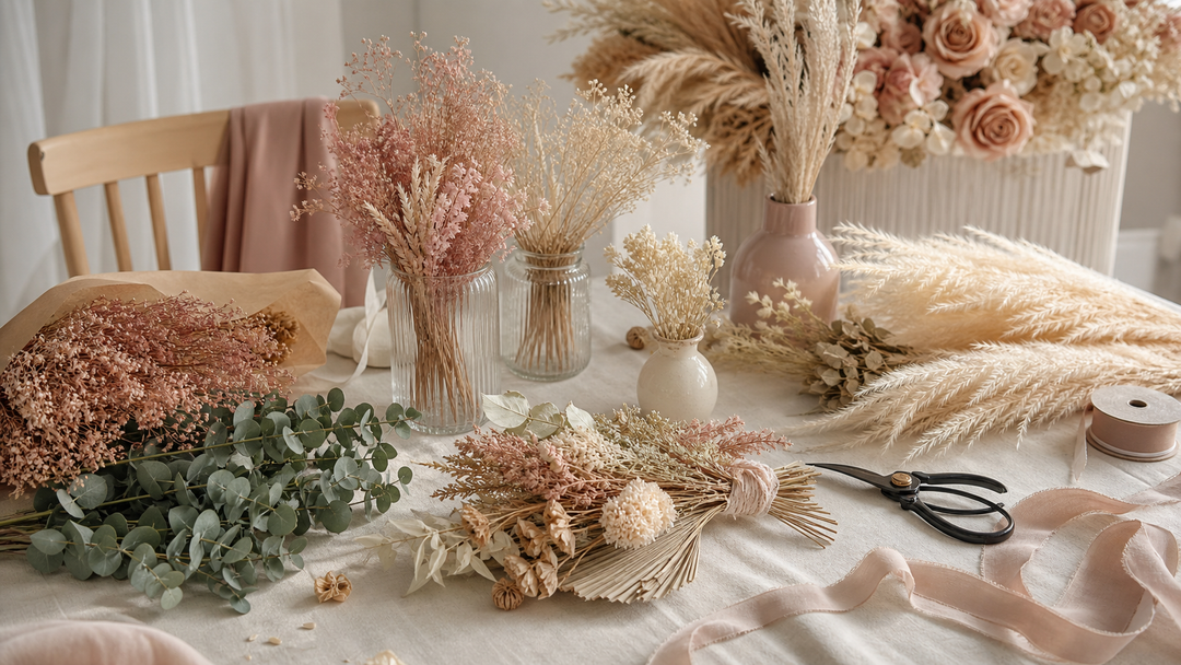 Dried wedding flowers arranged for a do-it-yourself floral design project
