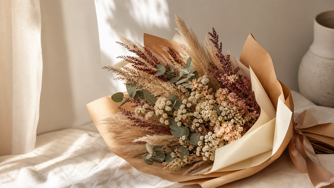 Gift-ready dried flower bouquet in a warm neutral floral palette