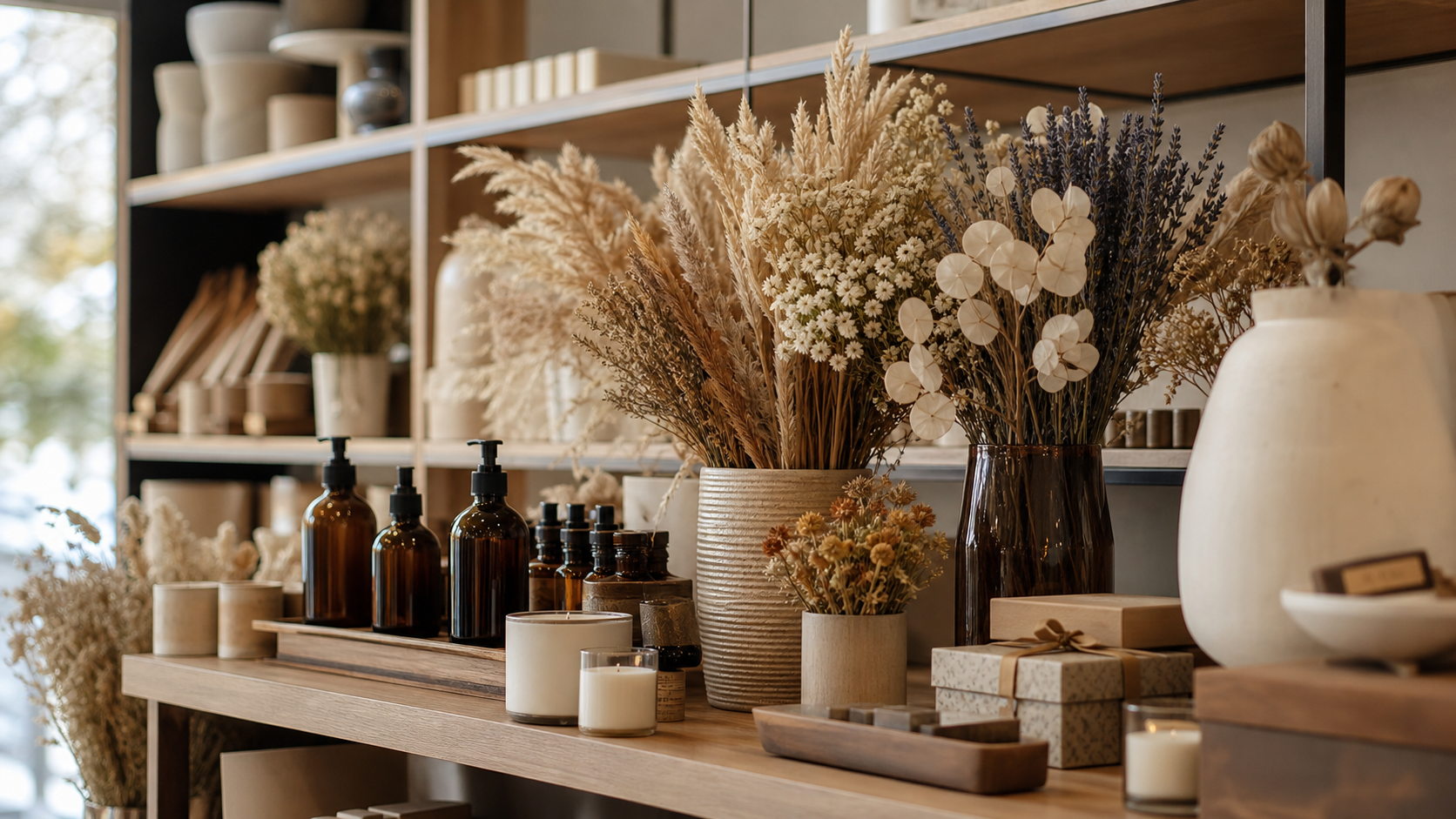 Dried flowers styled in an approachable premium retail display