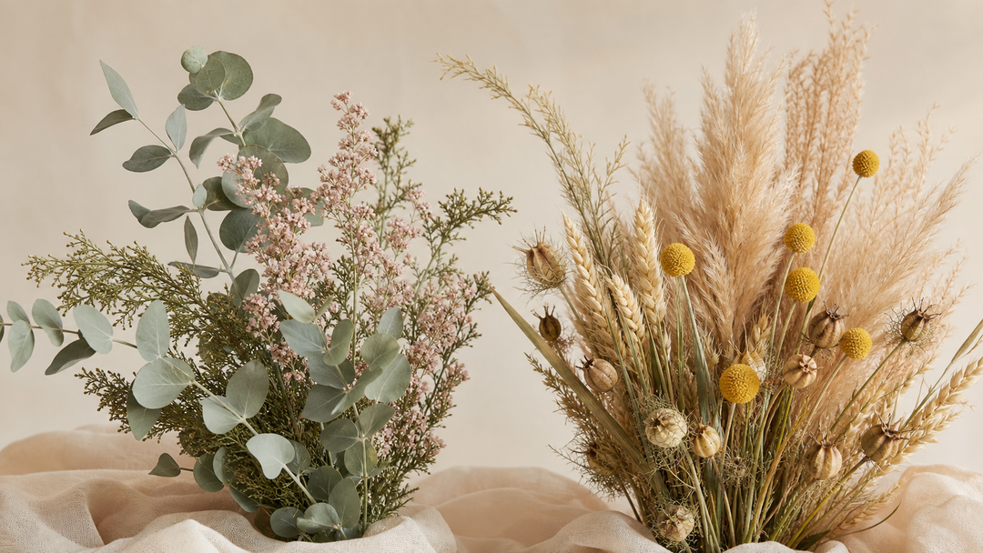 Preserved eucalyptus and flowers beside dried pampas, wheat, pods, and craspedia