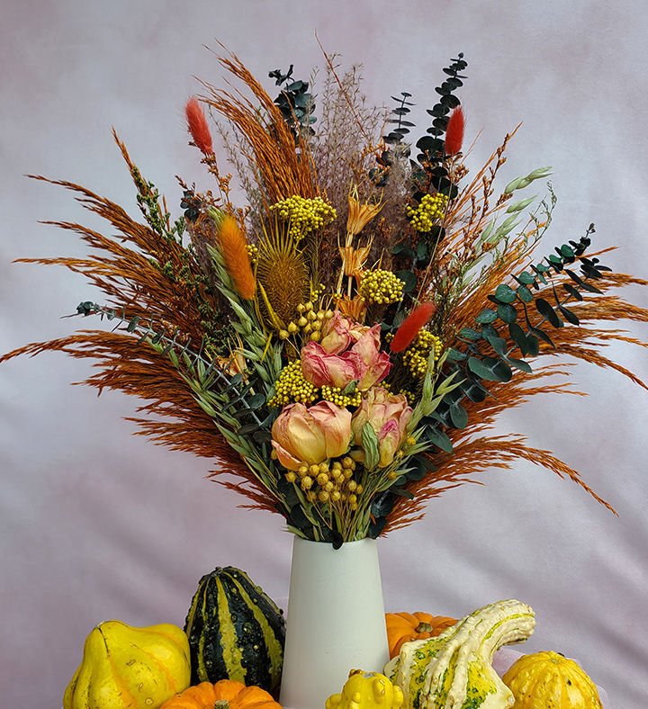 Pumpkin Spice Terracotta Bouquet with Vase - BLOOMINGFUL.COM - wedding, event, decor, gift, bouquet, arrangement, bridal, garland, fresh dried preserved artificial silk, birthday housewarming foliage