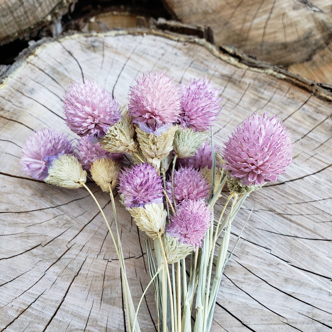 dried dusty purple flowers preserved artificial silk, globe amaranthus, wedding, event, bouquet, arrangement, bridal, décor, gift, bloomingful