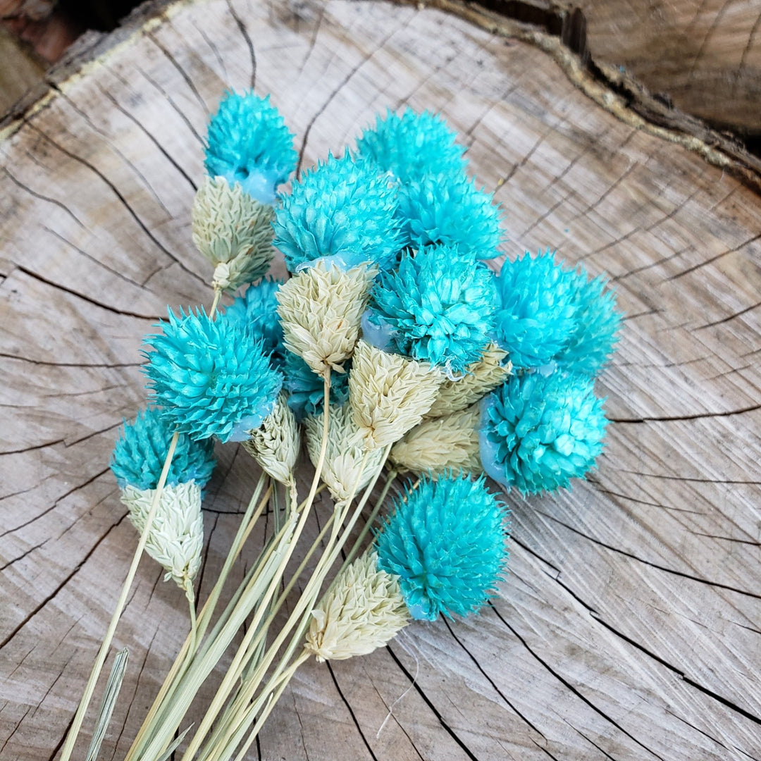 dried tiffany blue flowers preserved artificial silk, globe amaranthus, wedding, event, bouquet, arrangement, bridal, décor, gift, bloomingful