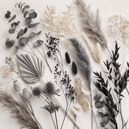 Grays + Silver + Black dried and preserved florals